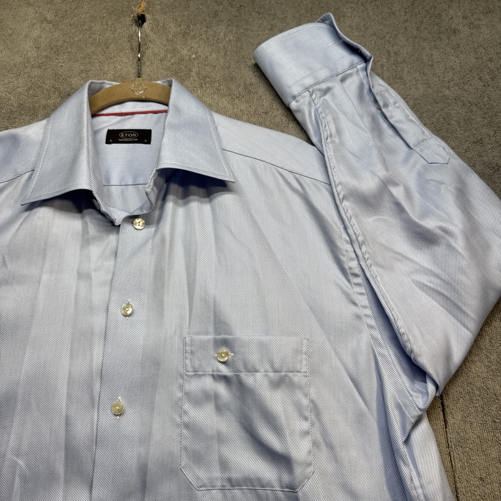 Eton Men's Blue Stripe Dress Shirt Spread Collar Classic‎ Fit Size 16